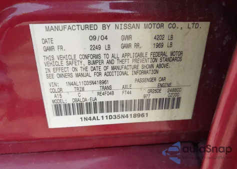 2005 Nissan Altima 2.5 S z USA, uszkodzony, nr VIN 1N4AL11D35N418961